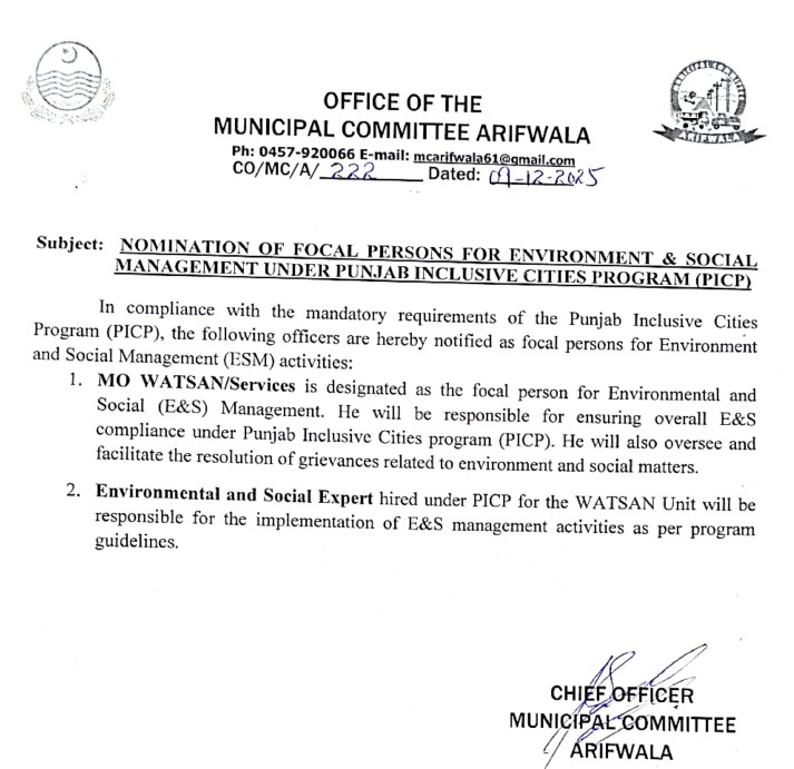 Nomination of Focal Persons for E&SM  